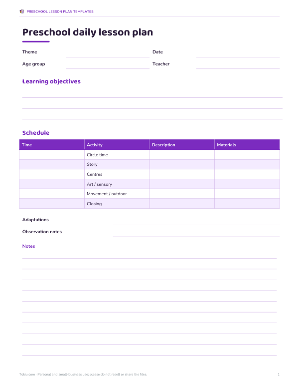 Preview of Printable Preschool Daily Lesson Plan