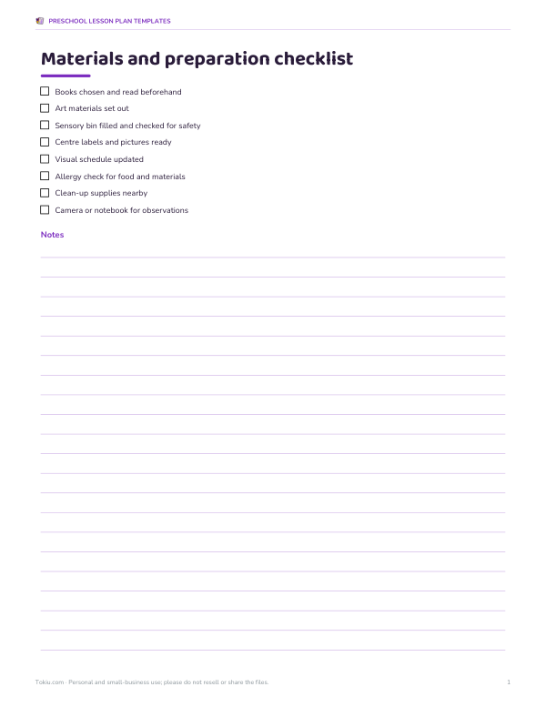 Preview of Printable Preschool Materials Checklist