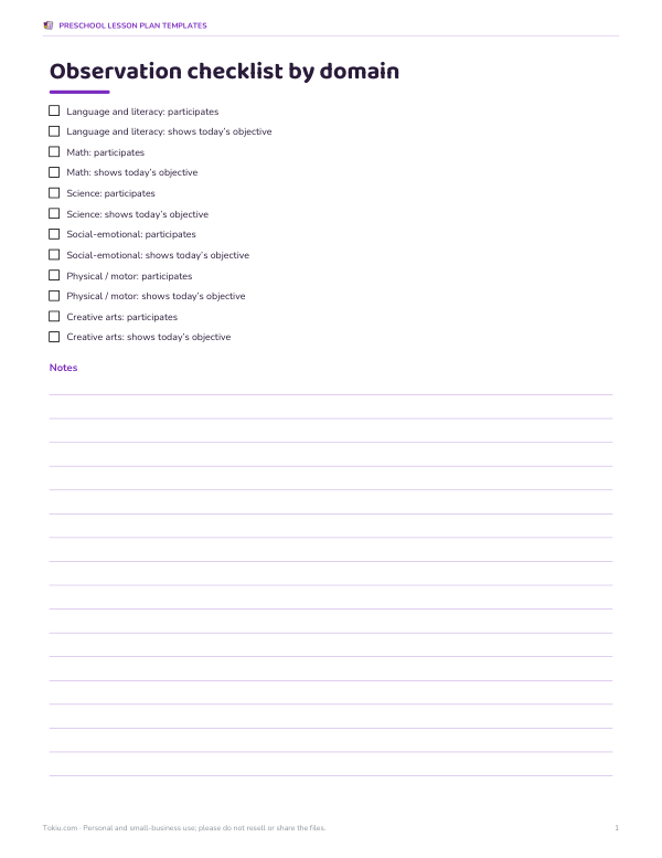 Preview of Printable Observation Checklist for Preschool