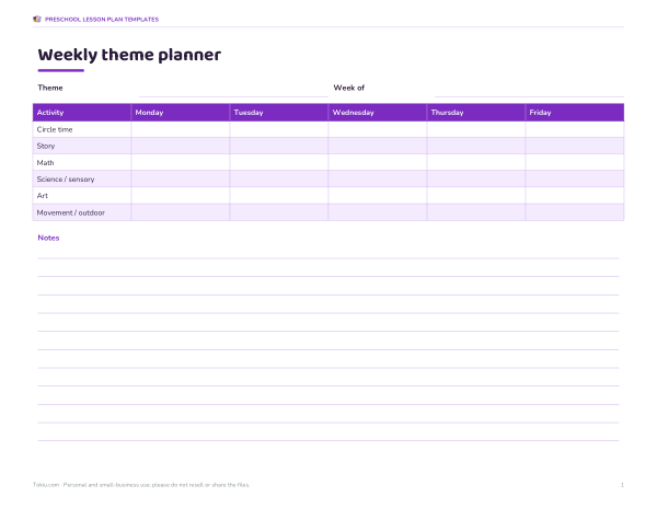 Preview of Printable Preschool Weekly Lesson Planner